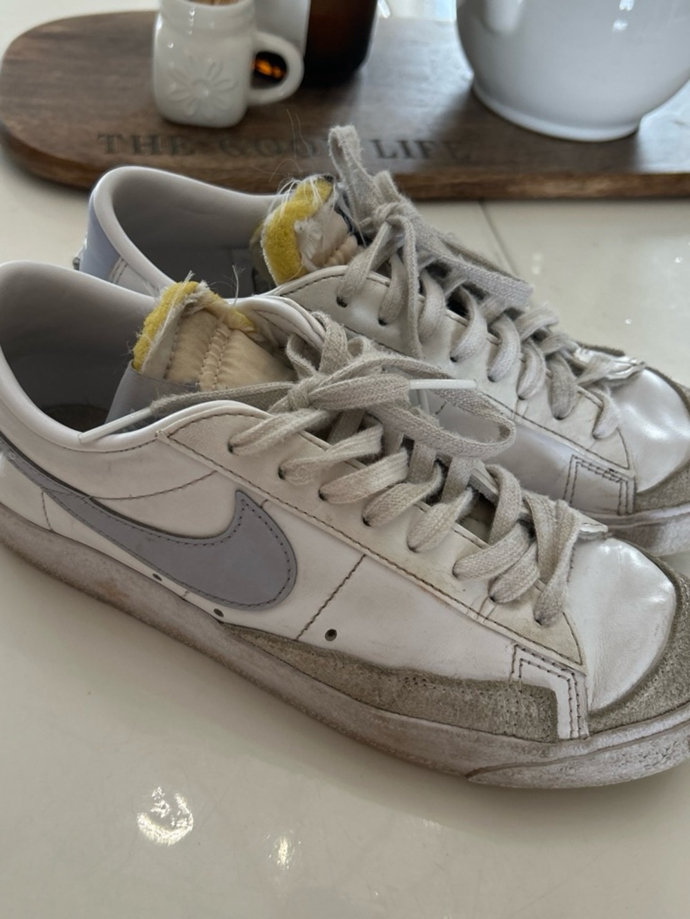 Nike Women’s White and Gray Low-Top Sneakers with Yellow Tongue Detail